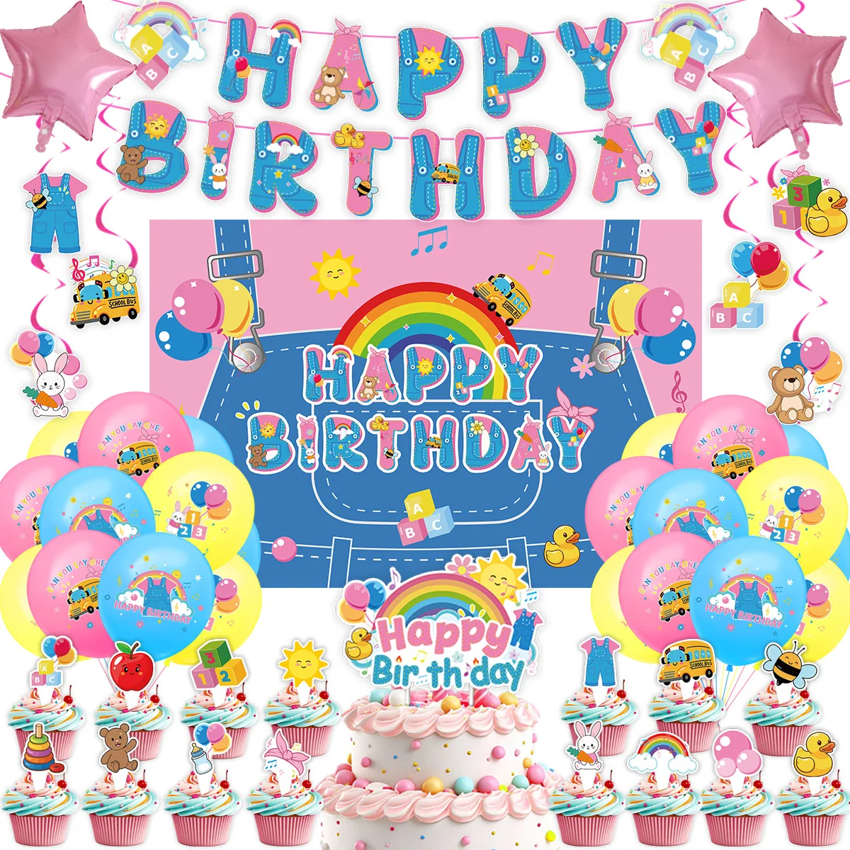 46Pcs Children's Enlightenment Party Banner Cake Topper ABC Balloons Happy Birthday Decorations Supplies