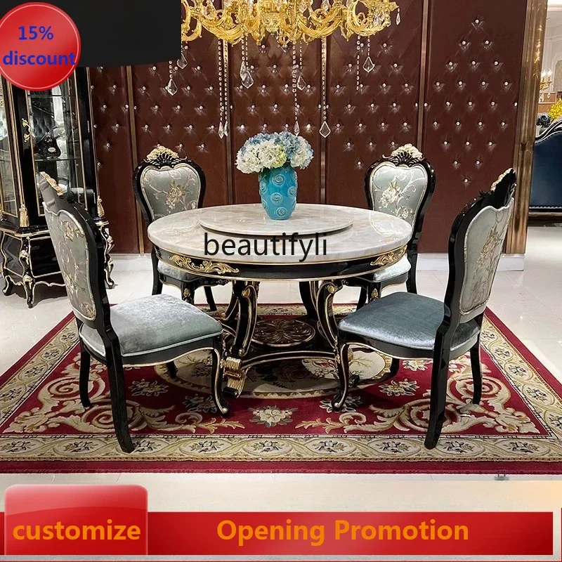 ss8350 French dining table and chair combination, household solid wood 6-person round marble round dining table with turntable