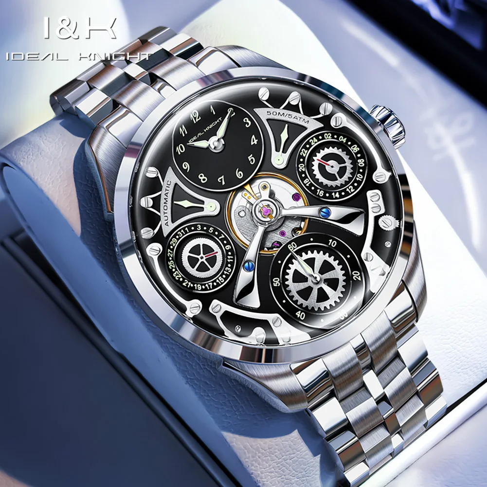 6820 IDEAL KNIGHT Luxury Original Brand Mens Watch Skeleton Flywheel Automatic Mechanical Watch﻿ 50M Waterproof Watches For Man