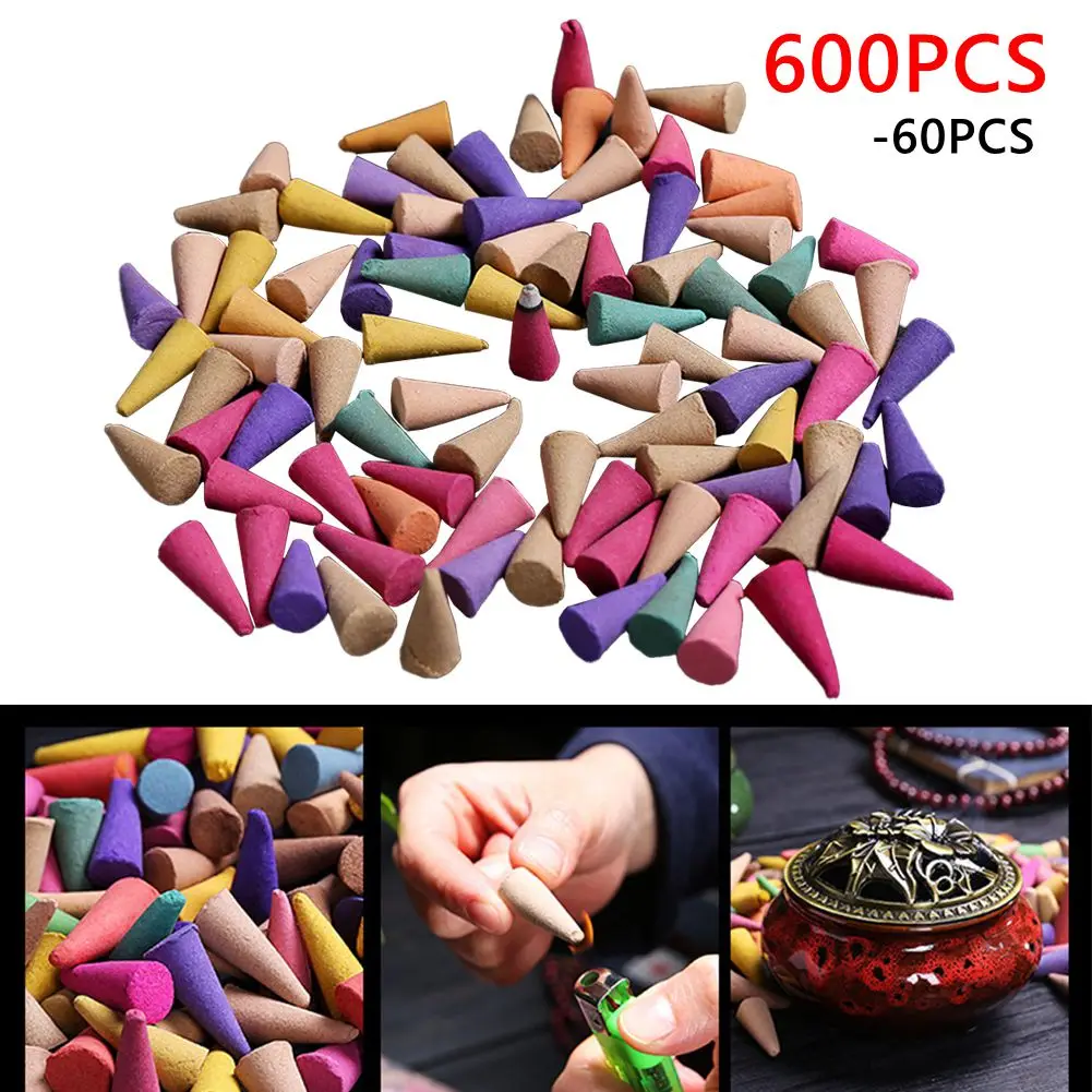 600-60Pcs Incense Cones Colorful Odor Remover Incense Anxiety Relief Fragrance Incense Cones for Places Tea Room Yoga livingroom