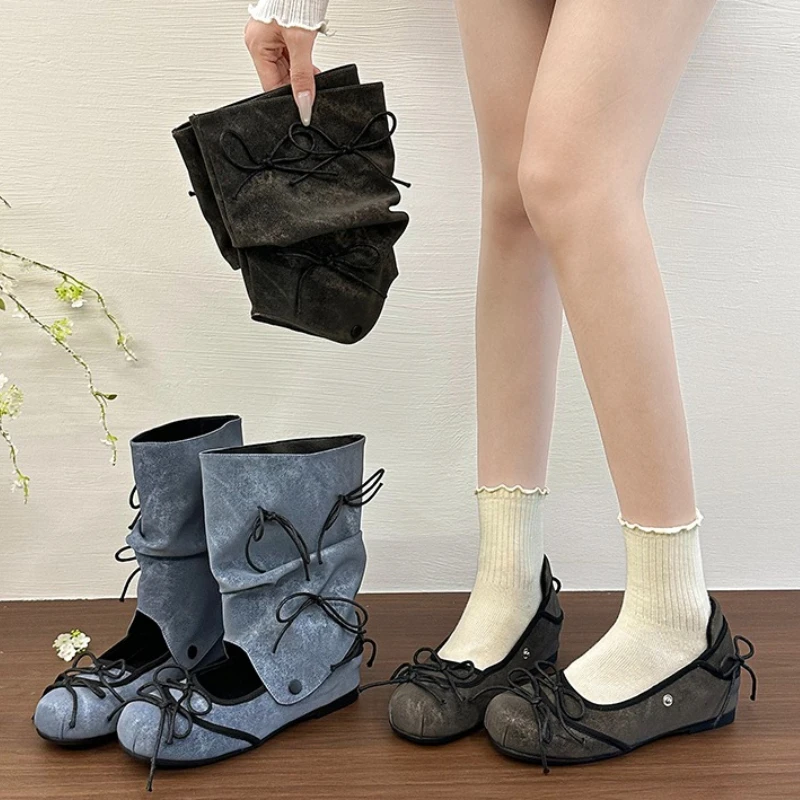 Detachable Cuff Short Boots Women's Two Way Wear Internal Elevation Mary Jane Shoes Concise Autumn Slip On Mid Calf Booties