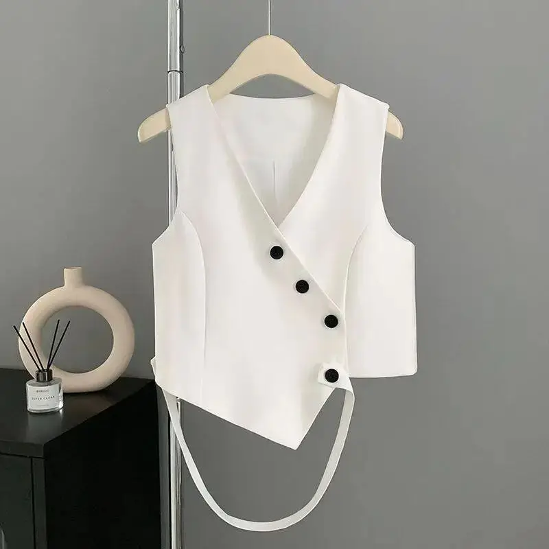 Summer All Match French V Neck Camis Y2k Aesthetic Lrregular Single Breasted Design Vest Elegant Casual Women Clothes