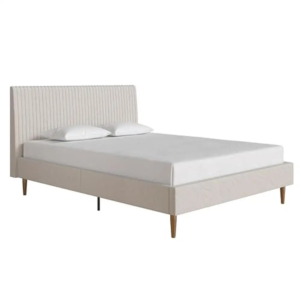 Modern Velvet Upholstered Bed Frame Queen Sturdy Metal Construction Foam-Padded Headboard No Box Spring Needed Ivory Queen Bed