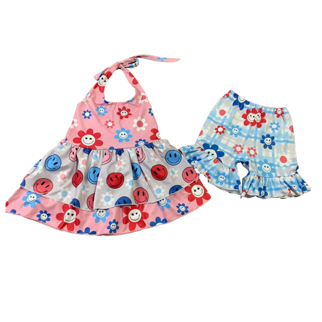 

Wholesale Little Girls Clothes Summer Smiling Face Outfits Kids Casual Sleeveless Flower Ruffle Shorts Sets