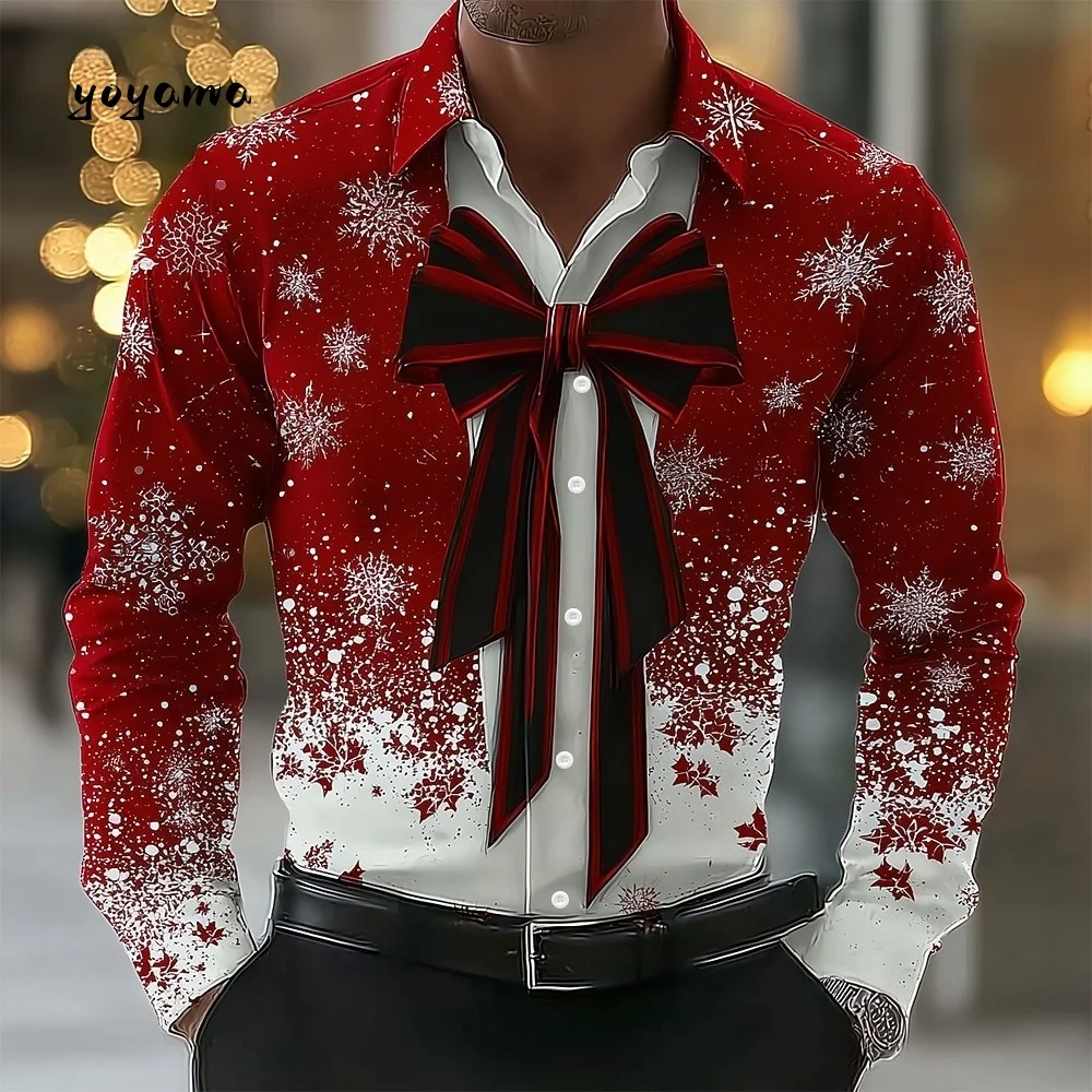 2025 Men's Christmas Snowflake Formal Shirt 3D Printed Tie Design Elegant Tuxedo Style Holiday Party Wedding Attire Spring Wear