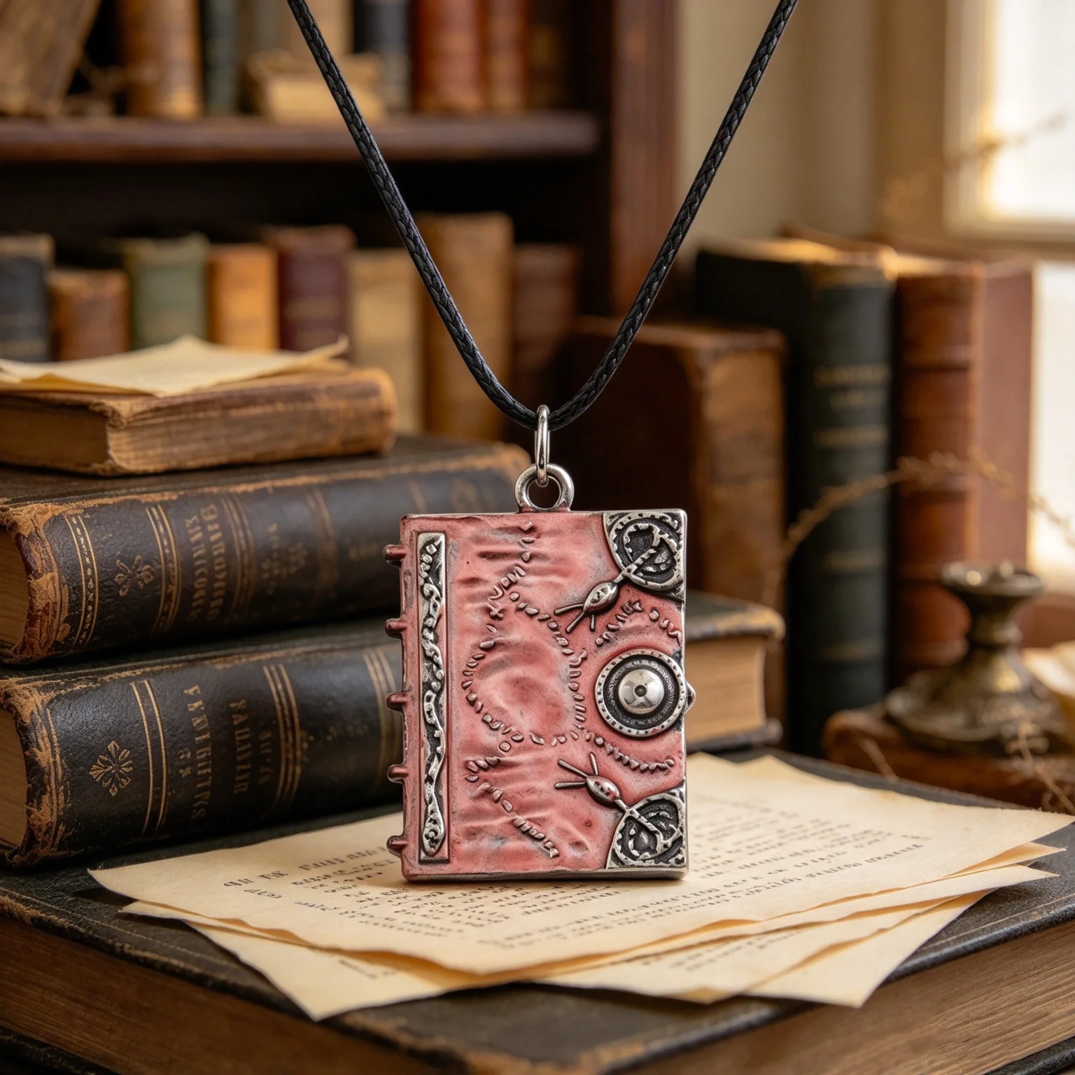 Retro 3D Magic Spell Book Necklace Embossed Witch Book Pendant Fantasy Costume Charm Jewelry Gift