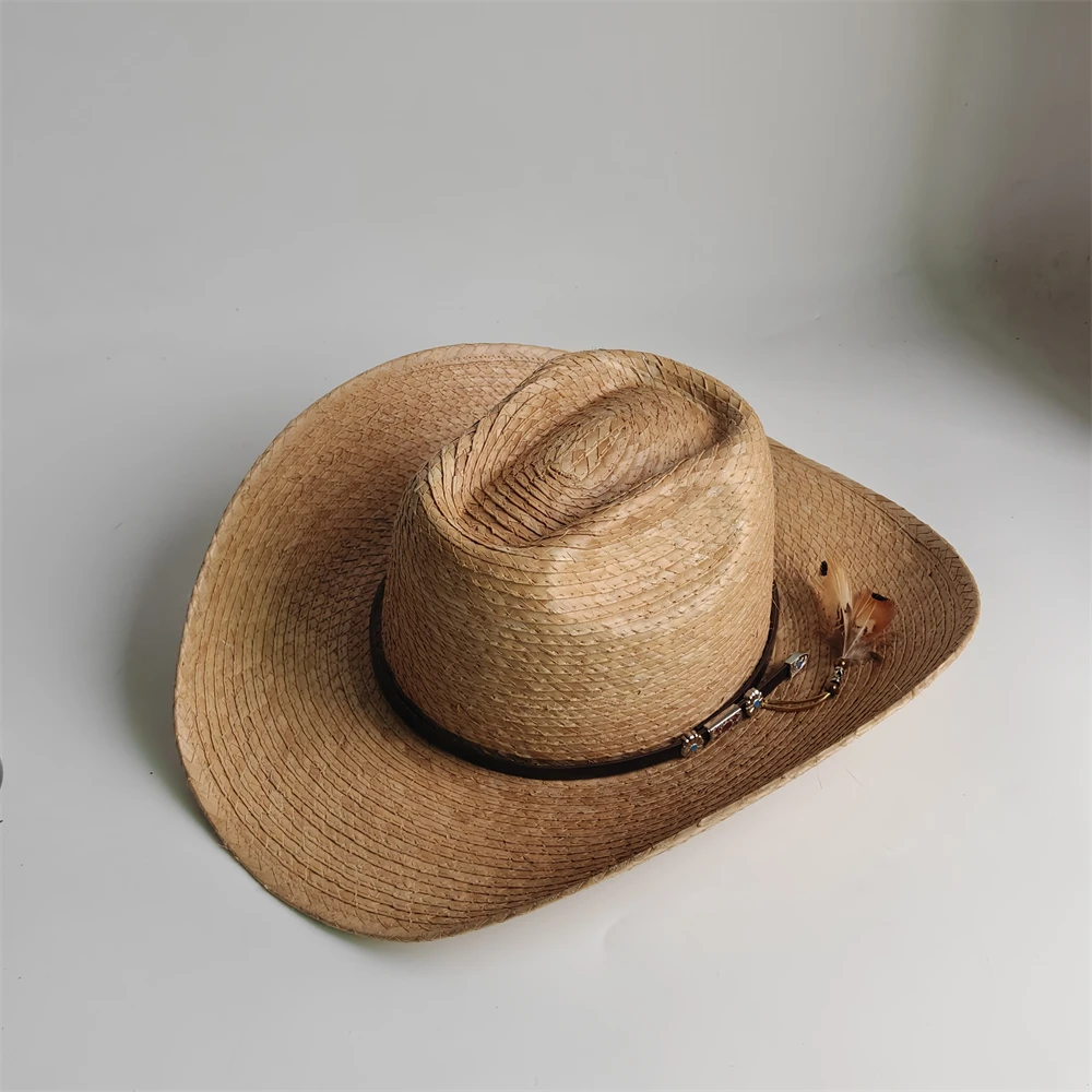 Vintage Handwoven Natural Straw Western Cowboy Hat with Feather Beaded Accent Leather Band Cowgirl Beach Sun Hats