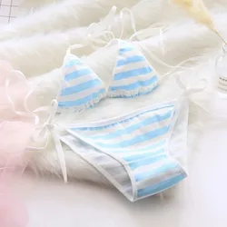 Japón lencería Sexy Lolita Kawaii azul rosa blanco rayas Mini Bikini adulto Cosplay mujeres sujetador ropa interior conjunto Frenum traje de baño