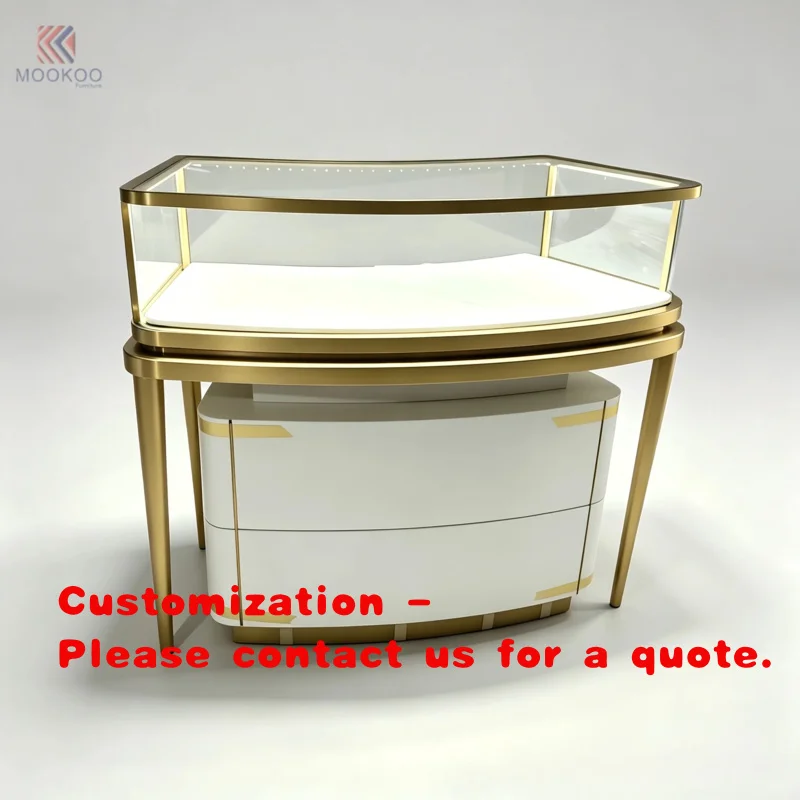 custom.Curved Gold Trim Jewelry Display Counter Tempered Glass Showcase High End Jewelry Boutique