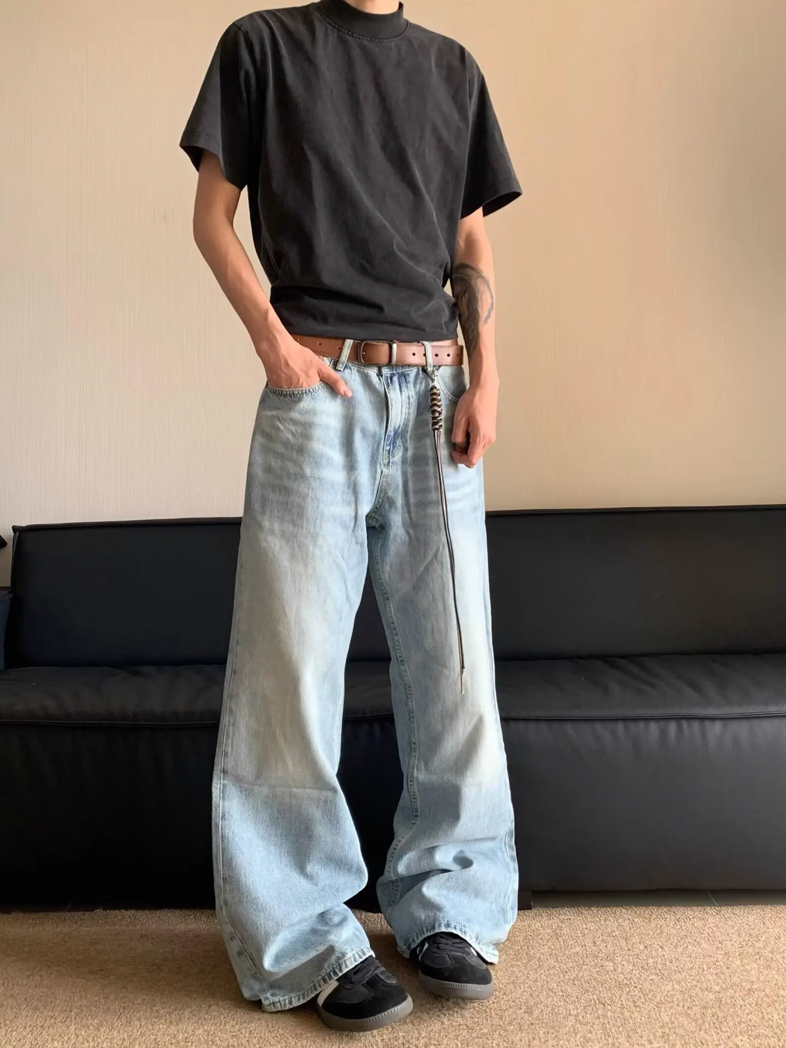 

Широкие джинсы в американском стиле ретро для мужчин и женщин, свободные прямые винтажные длинные брюки Dra Cleanfit, повседневные молодежные джинсы