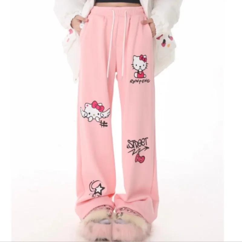 

Sanrio Fashion Streetwear Women Hello Kitty Cute Printed Y2K Pants for Girls Pink Sweatpants Wide Leg Pants Women 2024 Summer