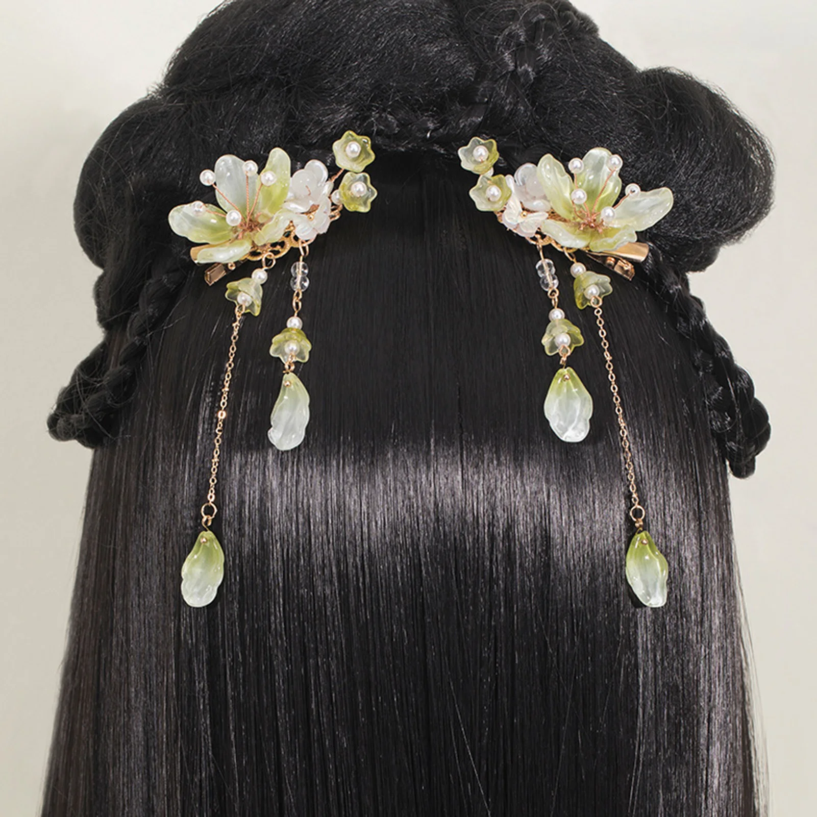 Presilhas de cabelo laterais vintage com flor de campanula para festa de cosplay, com borla de liga metálica e adorno de lírio-do-vale para mulheres, estilo cheongsam