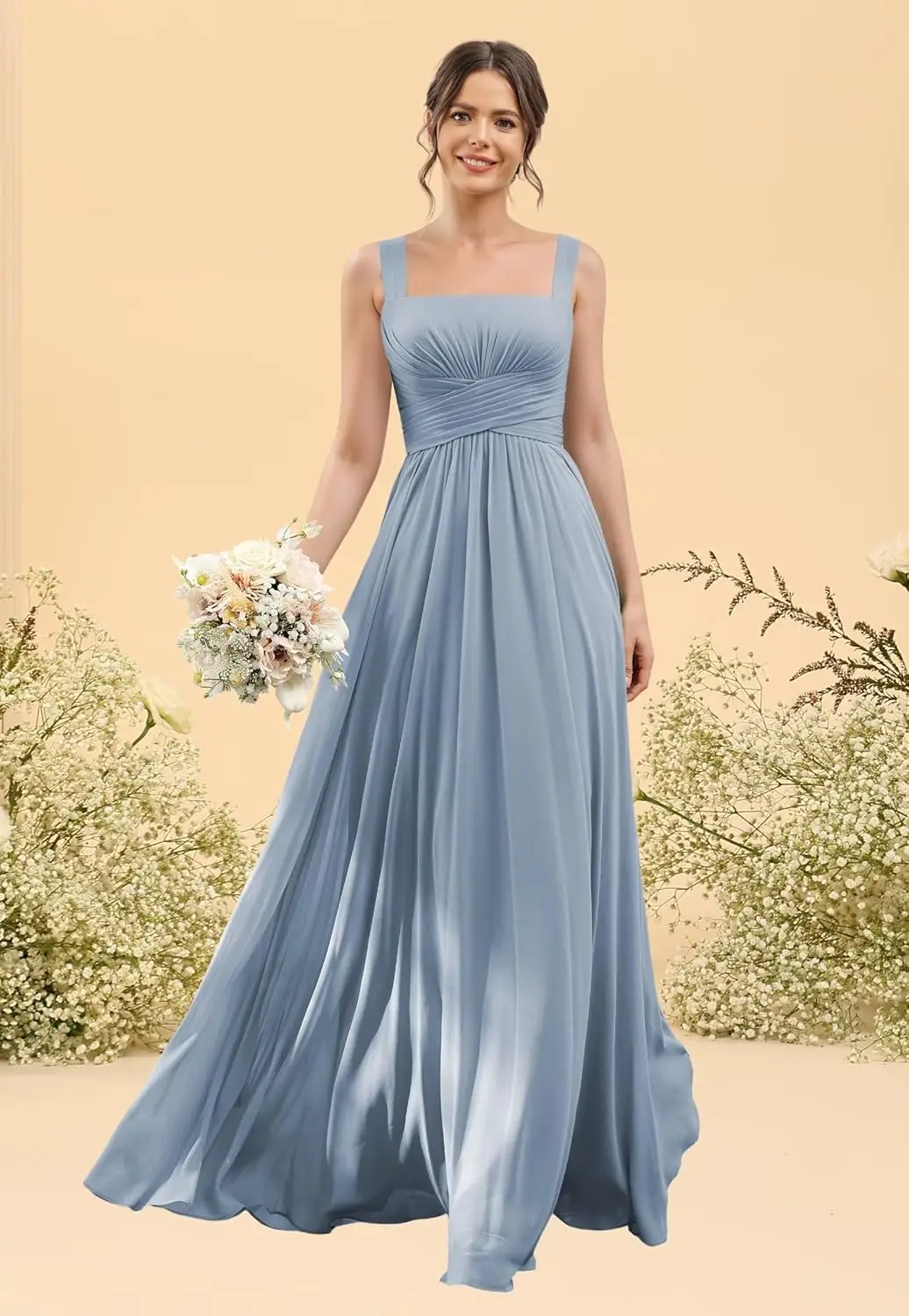 2025年 スクエアネック オフショルダー ブライズメイドドレス スリムなスパゲッティストラップ プリーツシフォン バックレスデザイン フォーマルウェディング用