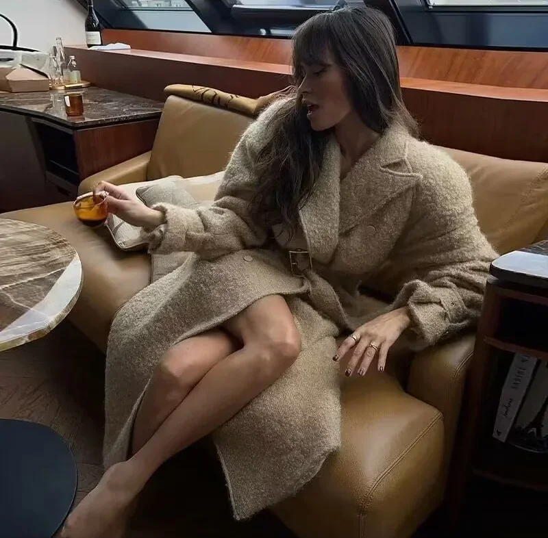 

Women's Long Lace-Up Woolen Trench Coat European American Style Spring Fashion Street Belted Windbreaker Overcoat