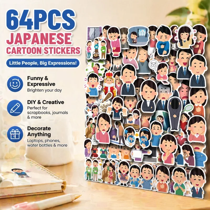 

64 Pcs Japanese Character Decal Set Humorous Pitiful Cartoon Figure Designs Fresh Local Art Styles Slim Printed Texture Flexible