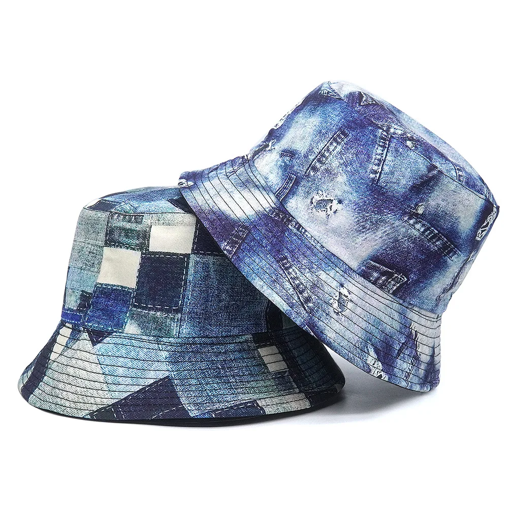 Women Fishing Hat Men Jean Like Colorful Print Cap Sun Protective Hat Double-side Hiphop Bucket Hat 2024 Spring New