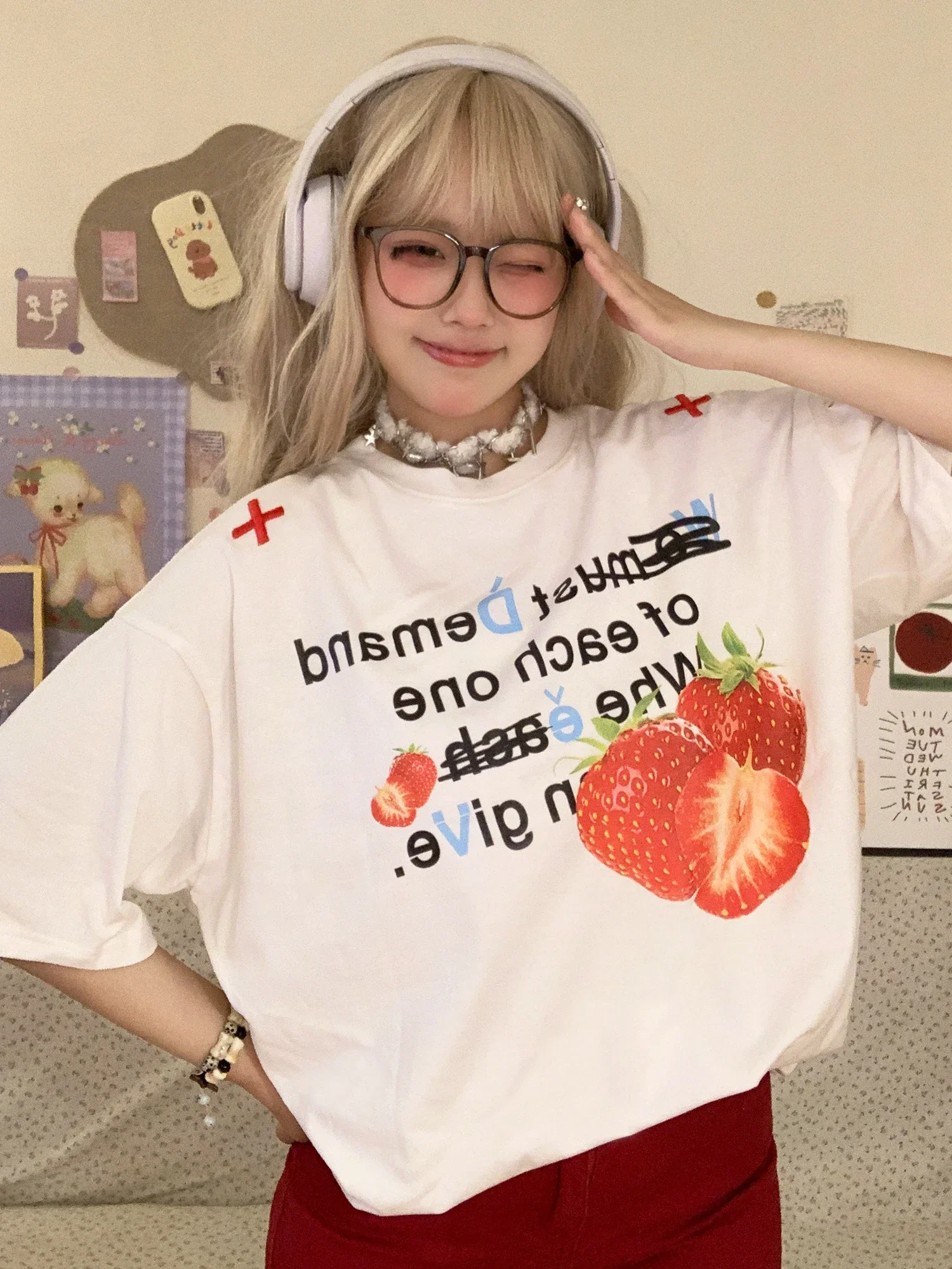 Fruit Letter Oversized Loose Graphic Cartoon Print T-shirt Women Tshirt Top harajuku fairycore 00s y2k grunge goth korean cloth