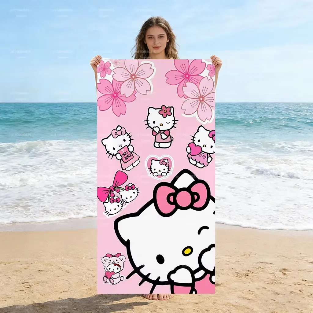Sanrio Hello Kitty Sakura Beach Towel, Cherry Blossom Print Quick Dry Bath Towel, Soft Pink Kawaii Beach Blanket for Fans Summer