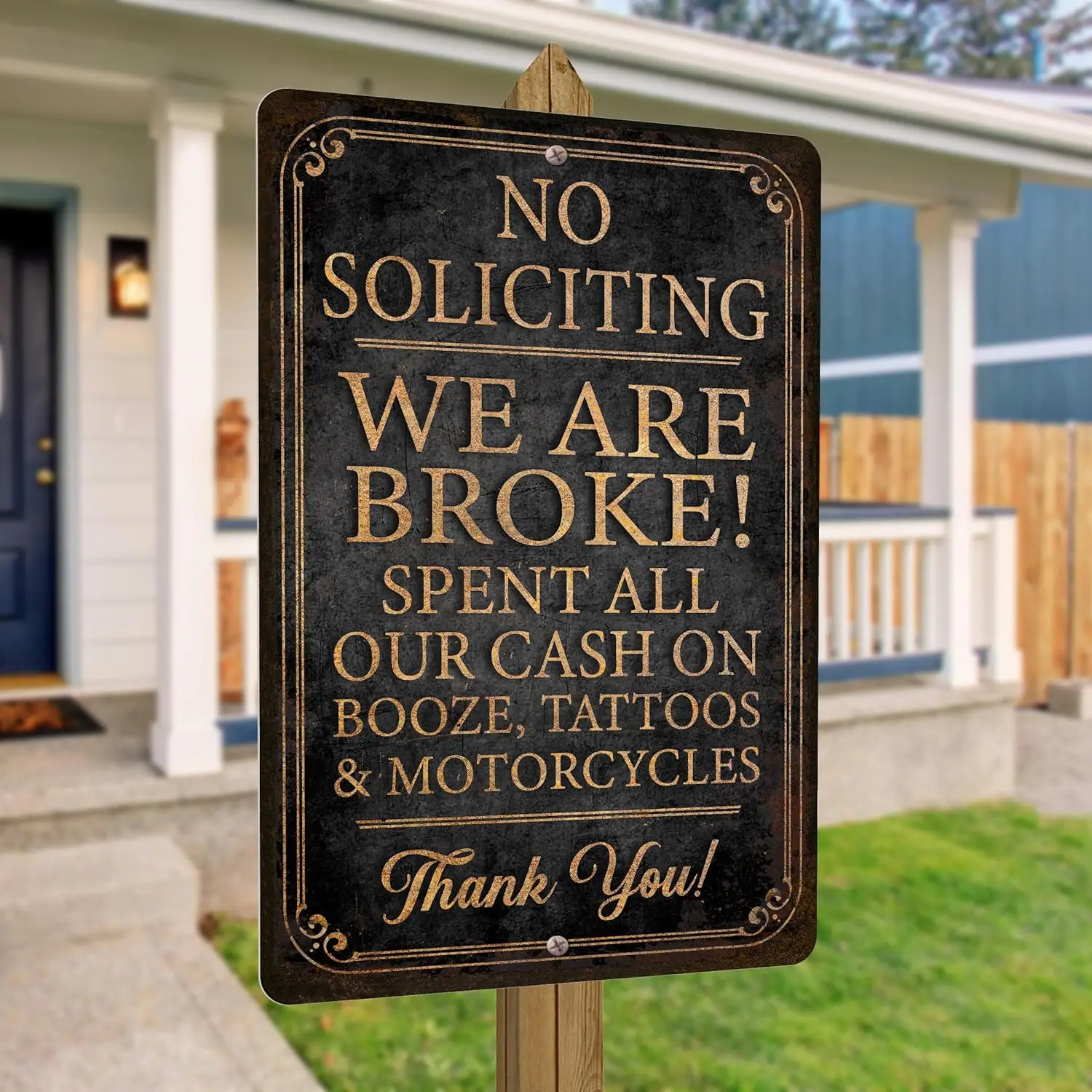 1v,No Soliciting Funny Metal Sign, We Are Broke Design, 12 x 18 Inches, Distressed Black and Gold, Made in USA (#7 Booze Tatoos