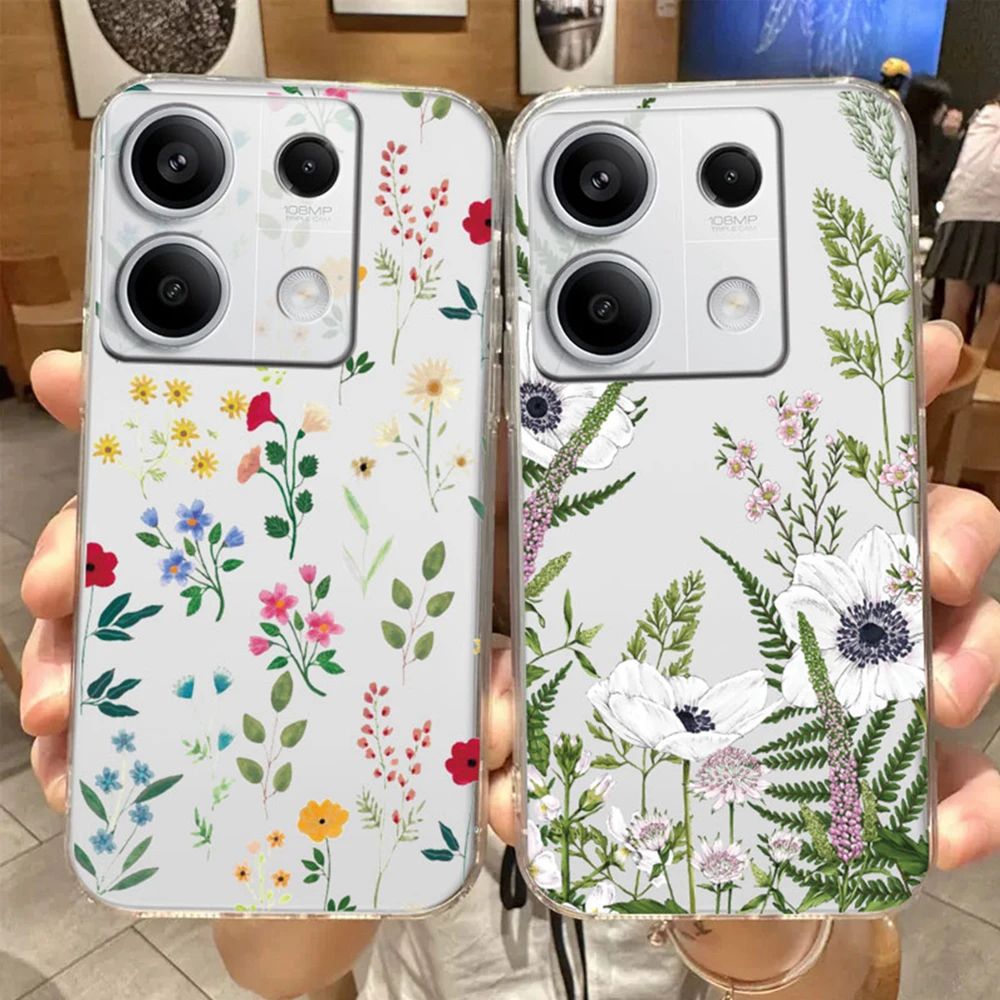 Koreanische florale INS minimalistische Pflanzen-Handyhülle für Xiaomi Redmi Note 13 9 11 10 12 Pro 12S, weiche TPU-Hülle für Mädchen, transparente Abdeckung