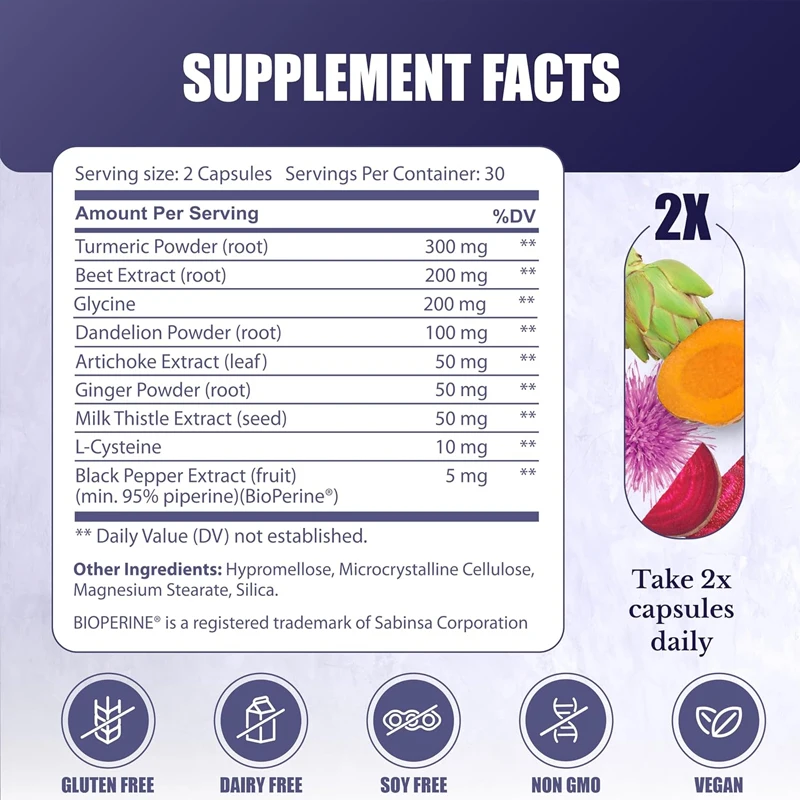 Liver Detoxification and Repair with 60 Capsules Containing Extracts of Korean Thistle, Milk Thistle, Dandelion, and Turmeric