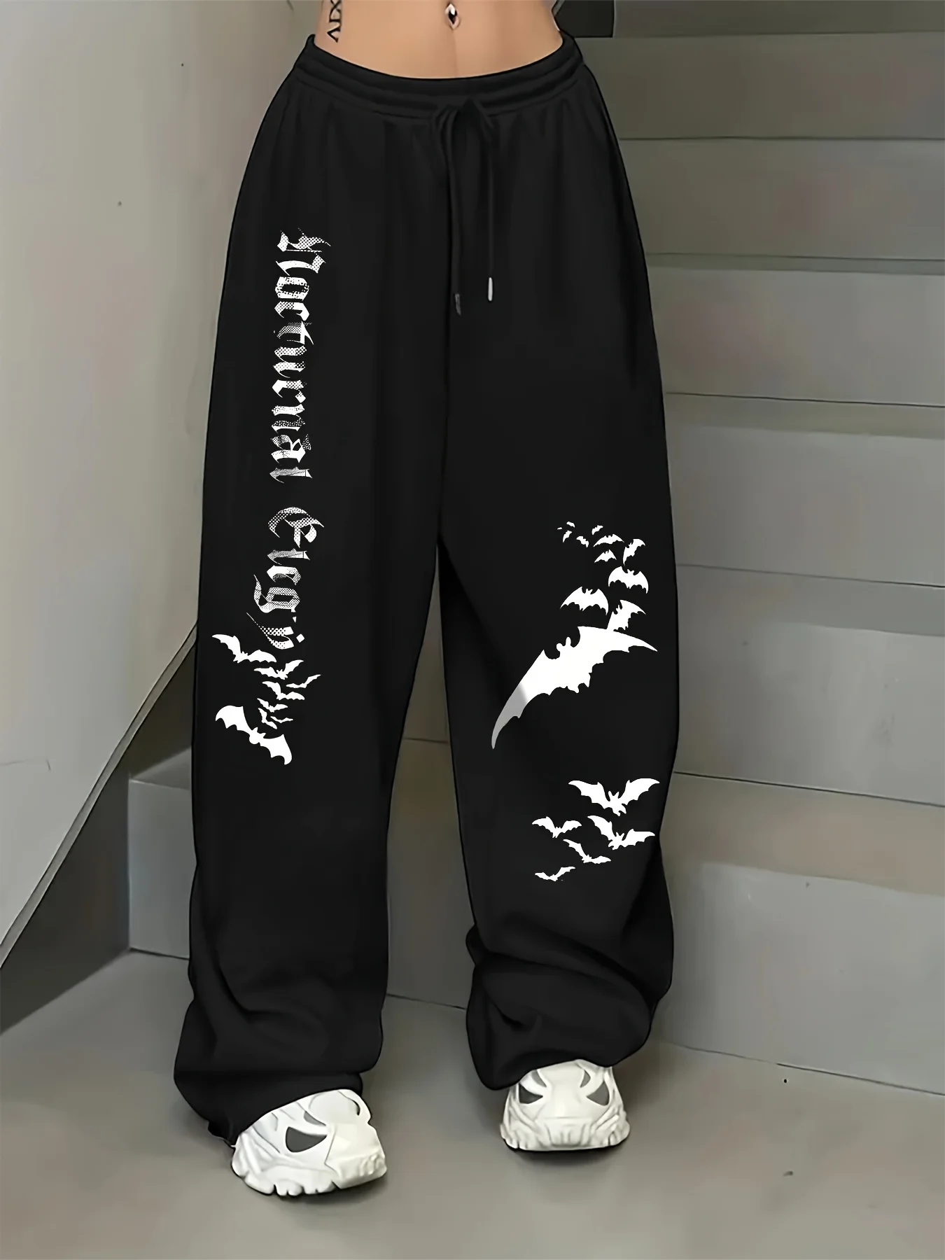 

Женские осенние и зимние свободные прямые флисовые спортивные штаны больших размеров с буквенным принтом летучей мыши, уличная одежда, стильная универсальная одежда больших размеров