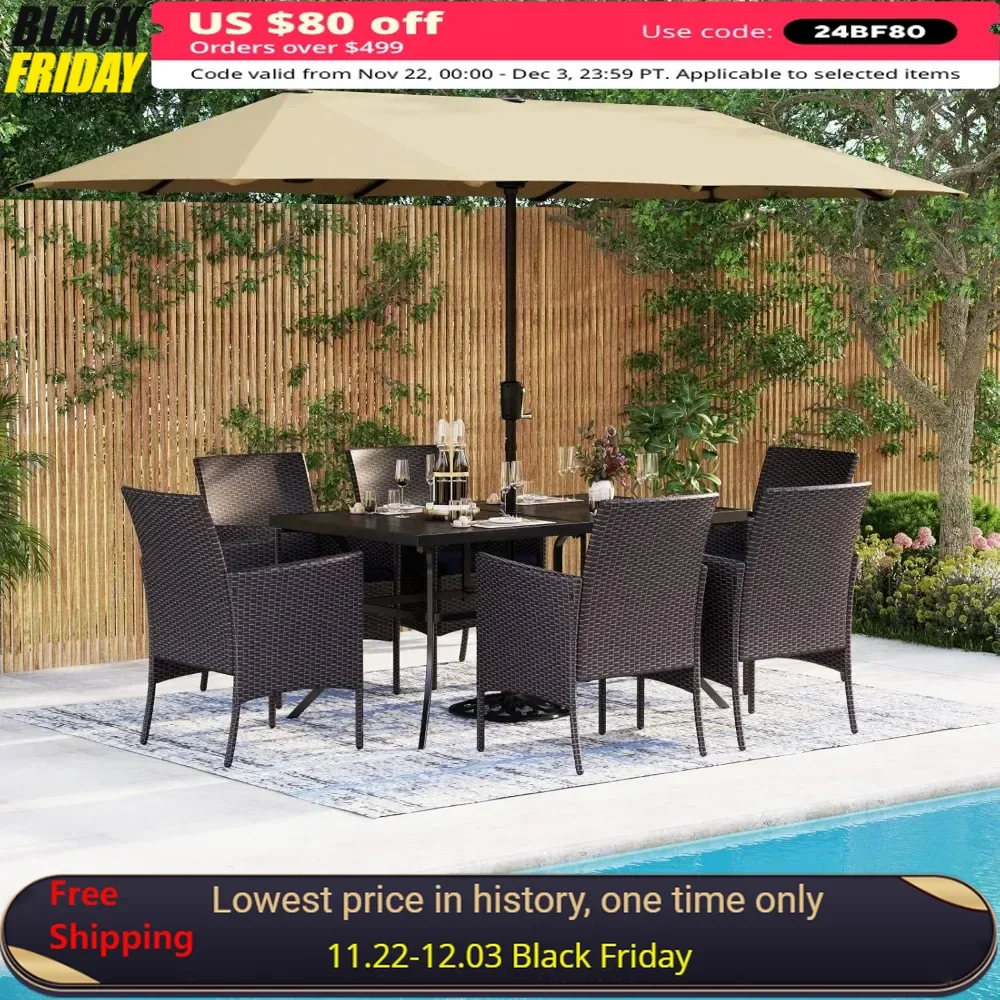 

8 Pieces Patio Dining Furniture Set,Large Metal Table and 6 PE Rattan Sofa Dinings Chairs, Outdoor Table and Chairs Dining Sets