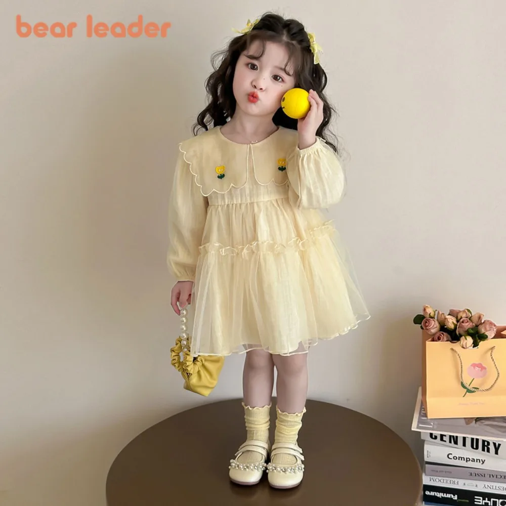 Bear Leader Spring and Autumn New Yellow Sweet and Cute Girls Dresses Korean Edition Long Sleeve Collar Mesh Princess Dress