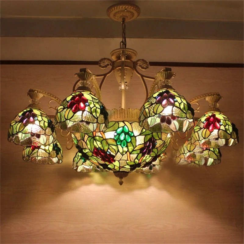 Tiffany Vintage Chandelier Stained Glass Grape LED Art Decor Lamp Hanging Light Dining Living Room Bedroom Ceiling Pendant Light