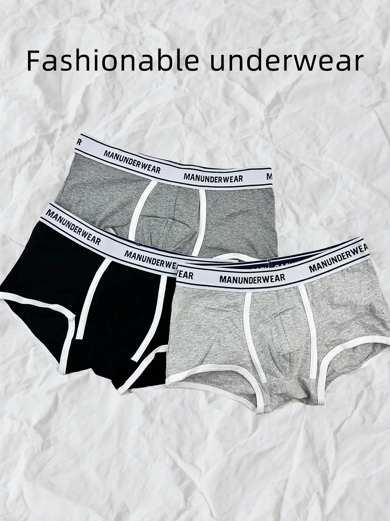 

3-Piece Men's Underwear Set | "MANUNDERWEAR" Trendy Waistband, Minimalist Black-Gray Color Block Super Eye-Catching