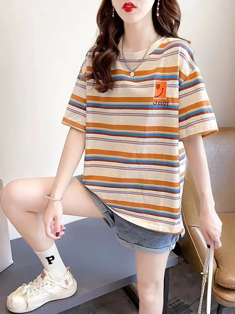 

Женская футболка в полоску ort Sve, свободный крой, модный топ, летняя новинка, универсальная корейская футболка больших размеров для поездок на работу