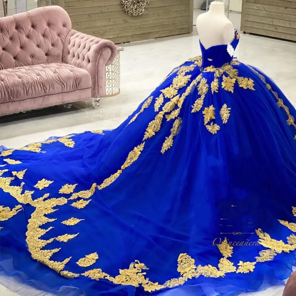 ANGELSBRIDEP gaun Quinceanera biru Royal gaun emas Applqiue renda manis 16 gaun Prom vestidos de 15 Anos gaun Formal disesuaikan