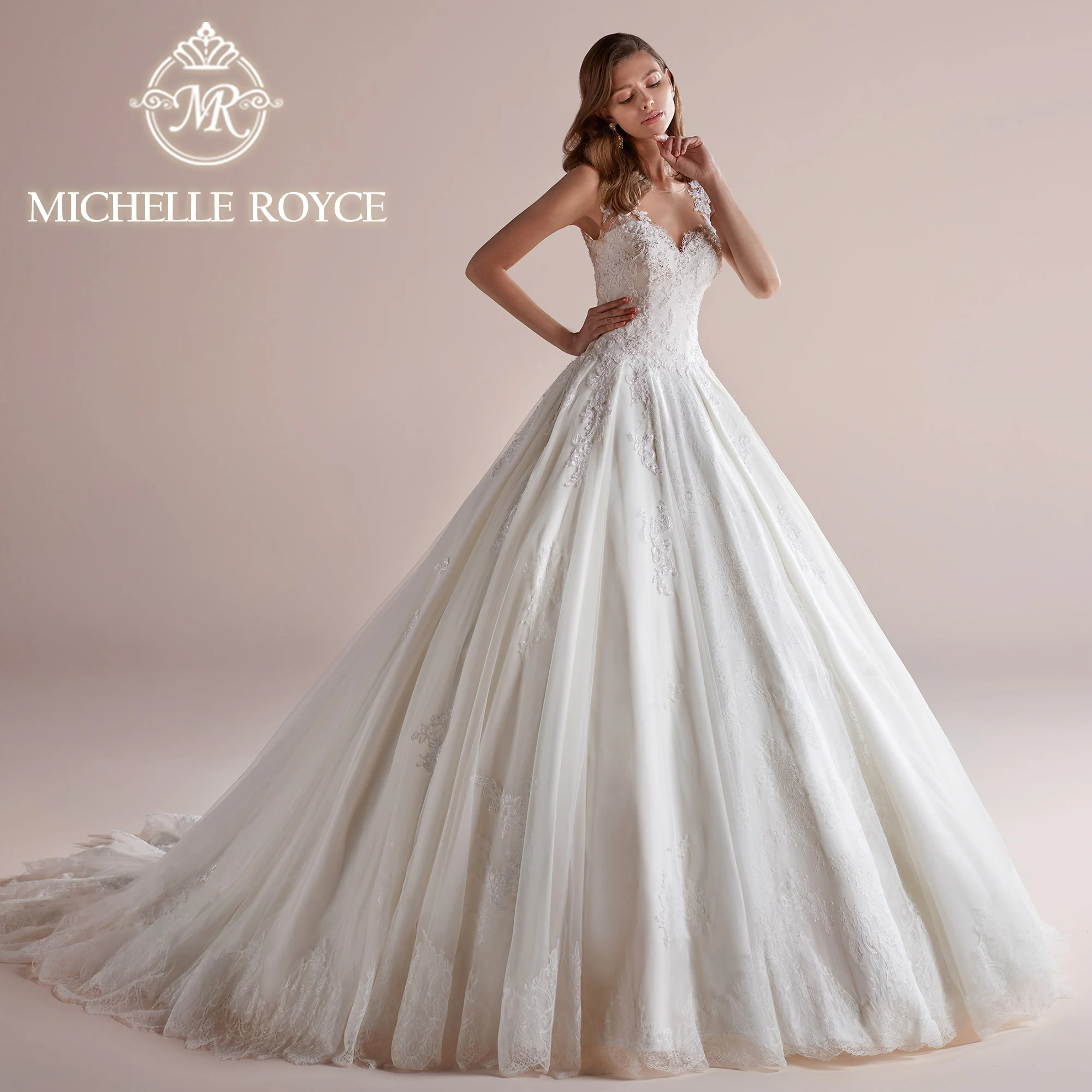 Michelle Royce-vestido De baile De lujo para mujer, Vestidos De Novia con escote Invisible, bordado, drapeado