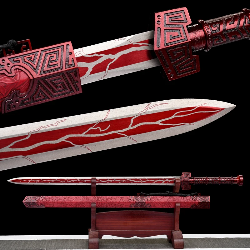 Chinese Han Jian Sword 1060 High Carbon Steel Blade Real Handmade Full Tang Qin King Swords Red Lightning Katana Home Decor