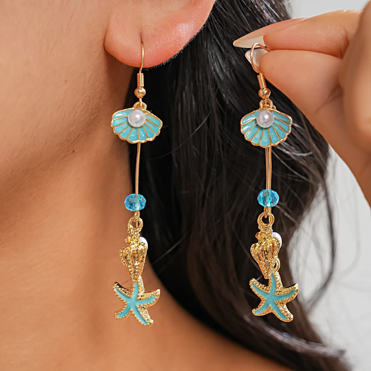 Bohemian Seashell & Starfish Tassel Earrings – Summer Beach Vacation Dangle Earrings with Imitation Pearl Drop Ear Jewelry