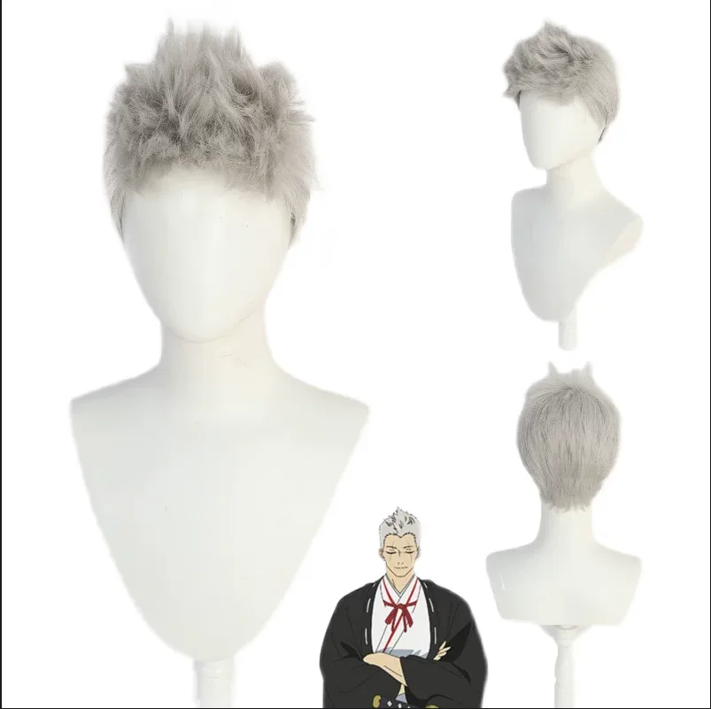 アニメウィッグショートシルバーグレー先のとがったレイヤードコスプレヘア耐熱合成繊維男性女性ハロウィン仮装パーティーウィッグキャップ