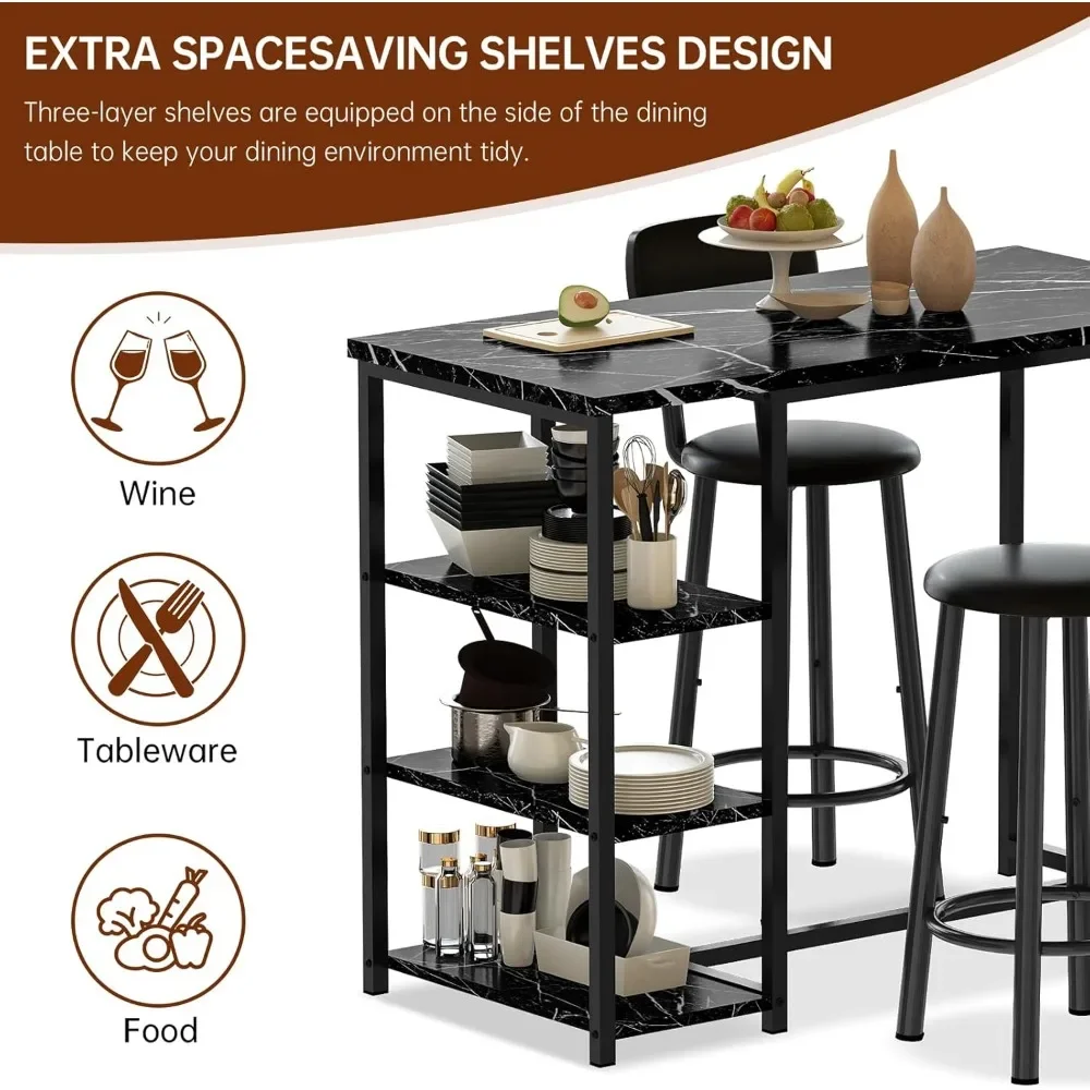 Dining Table Set for 2, Counter Height Pub Table with 2 PU Leather Widen Backrest Bar Stools & 3 Storage Shelves,
