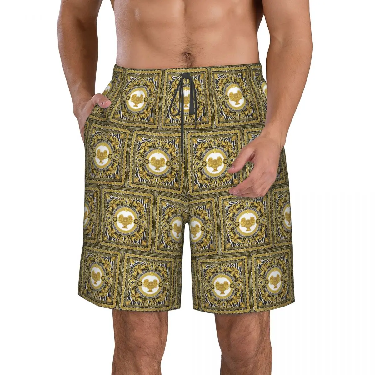 Decorative Golden Medallion Baroque Trunks Beach Board Shorts Casual Quick Dry Swim Summer Men Pants