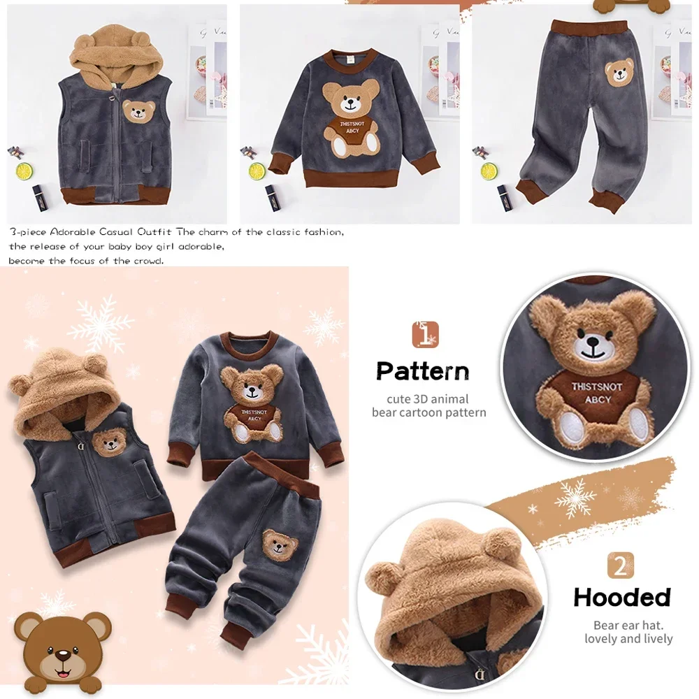 3PCS Winter Autumn Toddler Baby Boys Girls Clothes Baby Sweaters Coat +Pants +Hooded Vest Outfit Set Infant Warm Clothing Suits