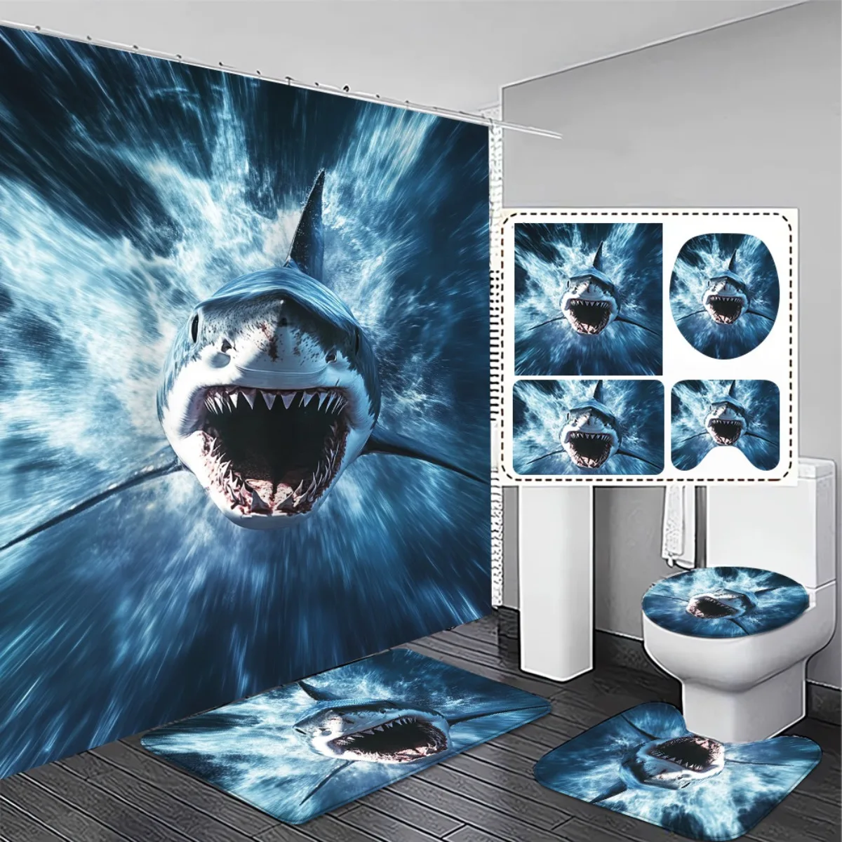 

4pcs Elegant Shark Print High Quality Shower Curtain and Non-Slip Bath Mat Set - Perfect for Modern Bathrooms Exquisite and
