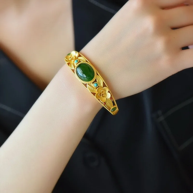 Natural Hetian jade bracelet Ancient gold craft pastoral style fashion bangles for women wedding jewelry  jade bracelet