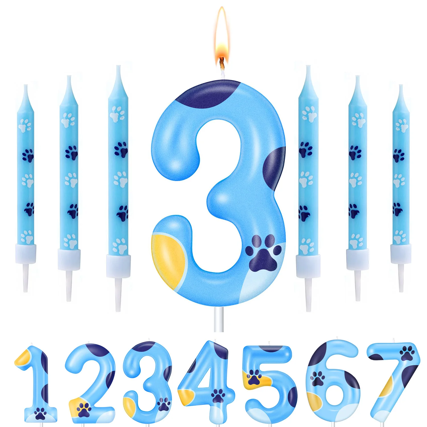 Blue Dog Paw Candles Number 1-7 Birthday Cake Decorations Cake Cupcake Topper for Boy and Girl Birthday Decoration