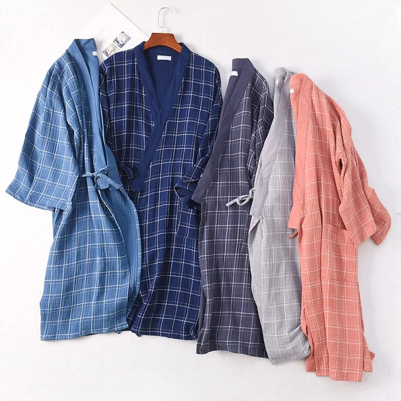 Couples Gauze Kimono Robes Plaid Bathrobe Homewear Long Sleeve Cotton Long Robe Women and Men Sleep Tops Loose Soft Sleepwear