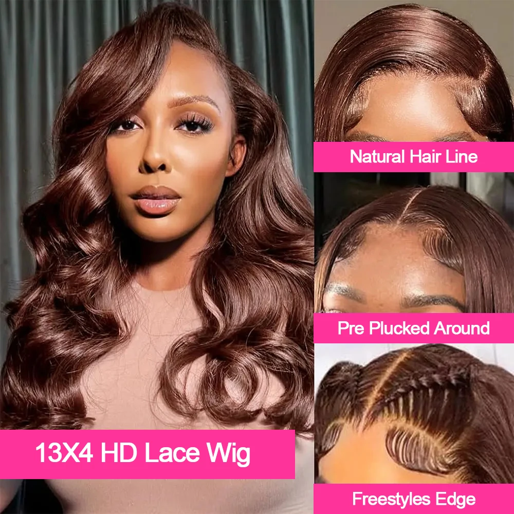 Chocolate Brown Short Bob Wigs Body Wave Human Hair 13x4 HD Lace Frontal Wigs 4# Colored 100% Human Hair Water Wave Preplucked