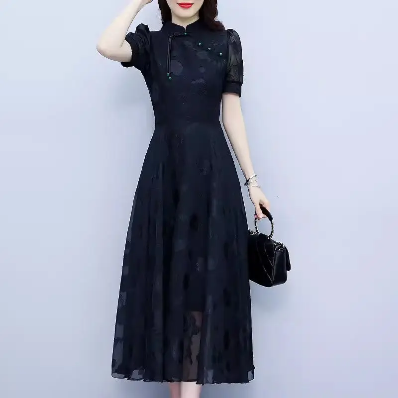 

New Chinese Style Black Improved Cheongsam Women's Summer New 2024 Summer High-End Temperament Mother's Elegant Dress K1448