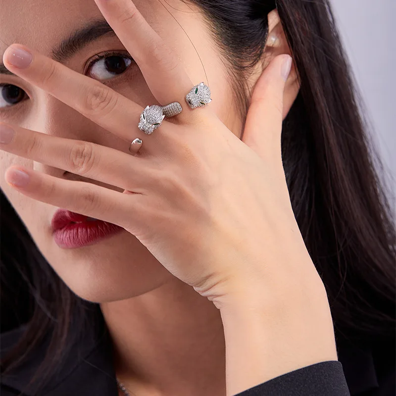 Designer Collection Fashion Style Open Ring Women Inlay Cubic Zircon Plated Gold Color Green Eyes Leopard Panther Jewelry
