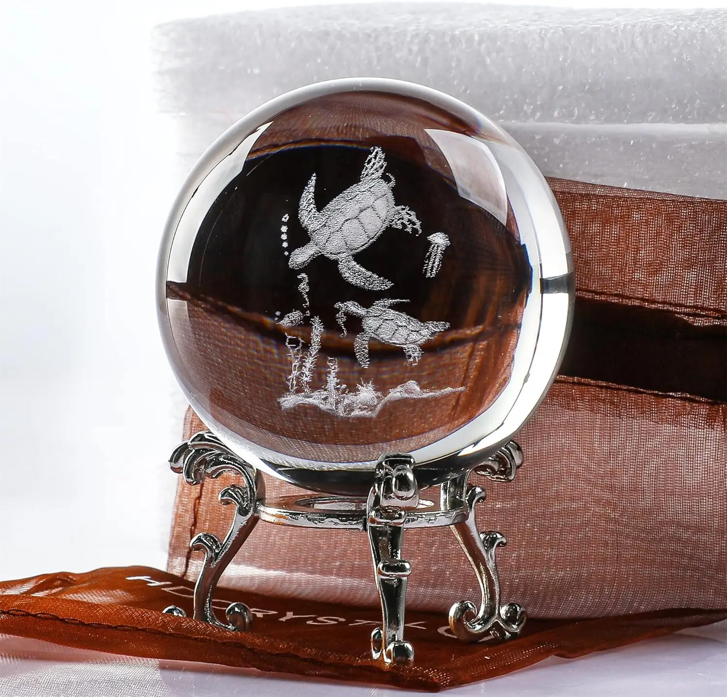 Crystal Glass Sea Turtle Figurine 60mm 3D Laser Engraving Crystal Animal Ornaments Art Glass Sphere Display Sculpture Home Decor