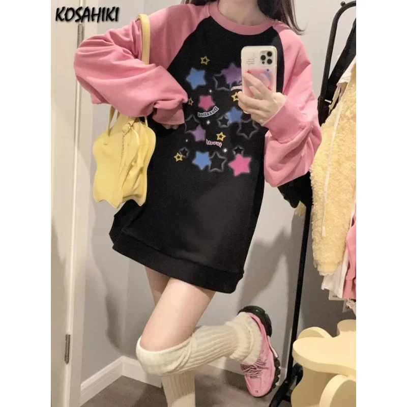 

Y2k Aesthetics O Neck Hoodies Harajuku Contrast Color Star Letter Pullover Patchwork Sweatshirt Oversized Mall Goth Streetwear