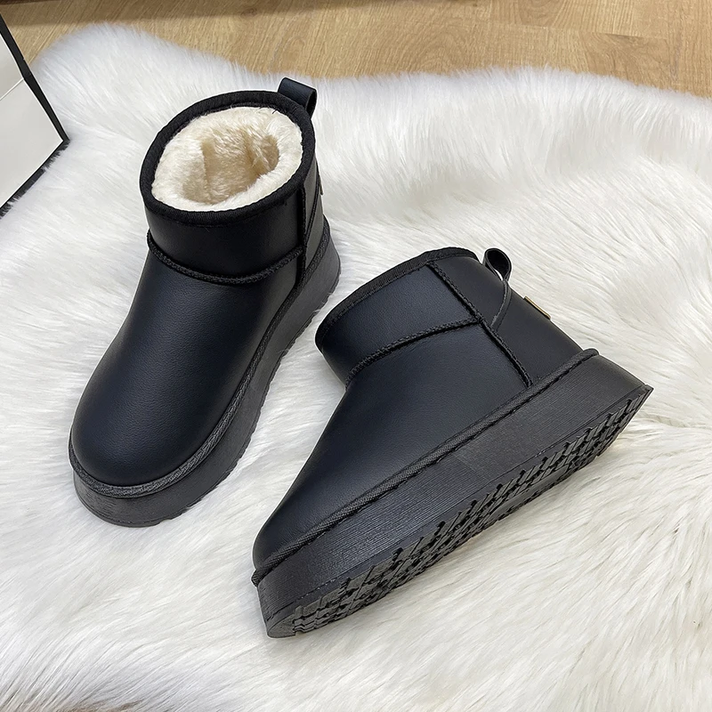 Waterproof Plush Lined Solid Women\'s Boots 2024 Winter Warm Slip On Snow Boots Thick Platform Casual Fluffy Botas