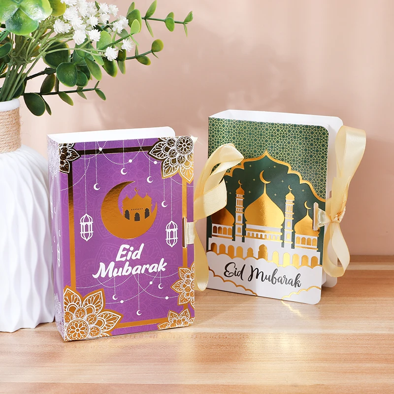 5 Stück Eid Mubarak Buchform Geschenkboxen mit Schleifenbändern Backen Keks Süßigkeiten Verpackung Box Ramadan Islam Musselin Heimdekorationen